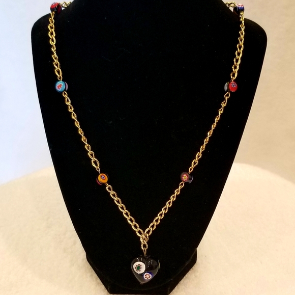 Murano Jewelry - Rare Vintage Murno Glass "Millefiori" Gold Chain With Multicolor Glass Beads.30"